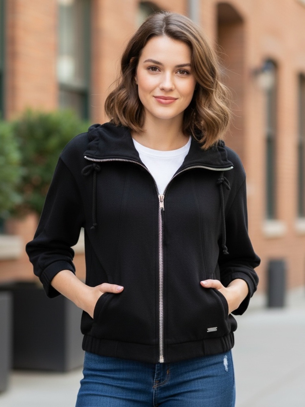 Wilfred Black Hooded Zip-Up Bomber Sweater